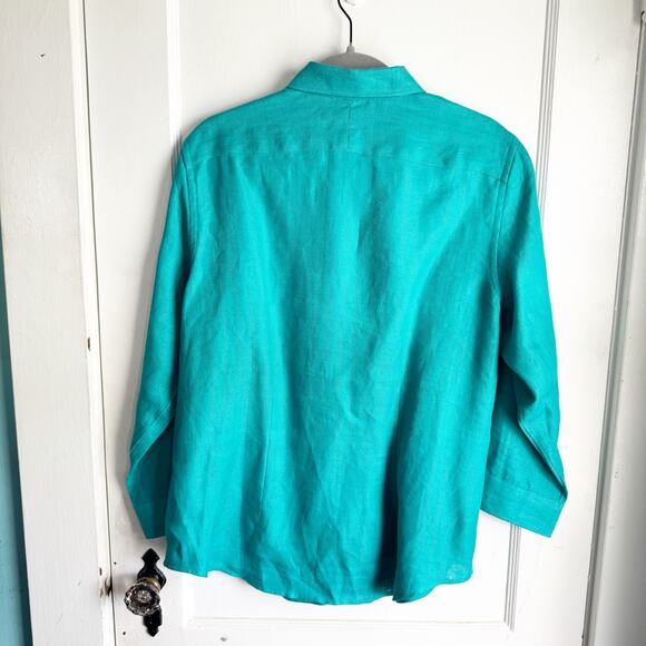 Lauren Ralph Lauren LRL Collared 100% Linen Button Down Notch Sleeve Short Top L - Picture 8 of 9